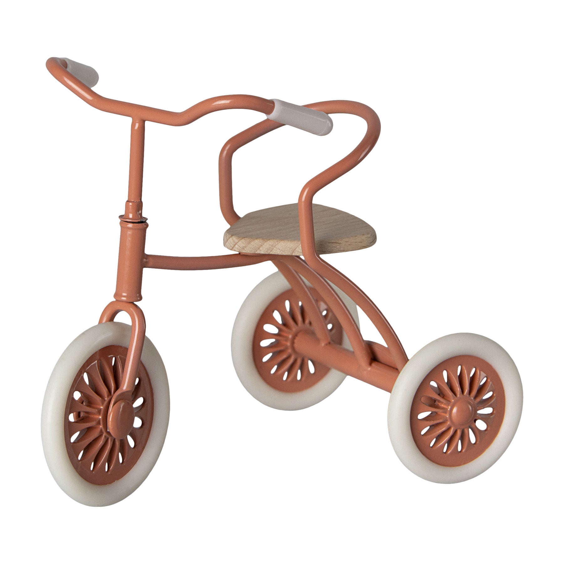 maileg coral metal mouse tricycle with white rim wheels and wooden seat