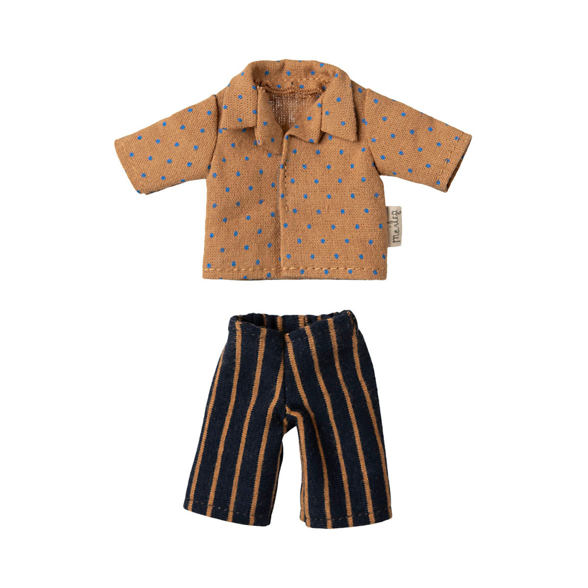 maileg dad mouse clothes - yellow shirt with blue spots and black trousers with yellow stripes