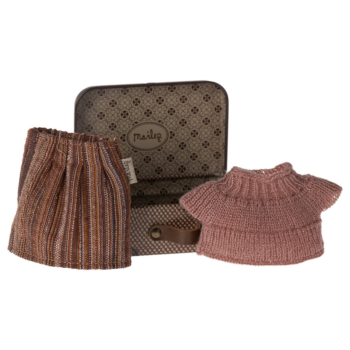 Maileg Knitted Blouse and Skirt in Suitcase, Grandma Mouse - I Want That Present