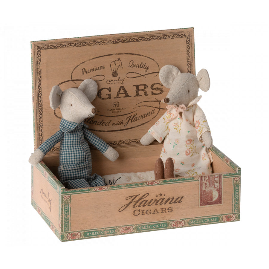maileg mum and dad mice dressed in their night clothes sitting in a cuban cigar box