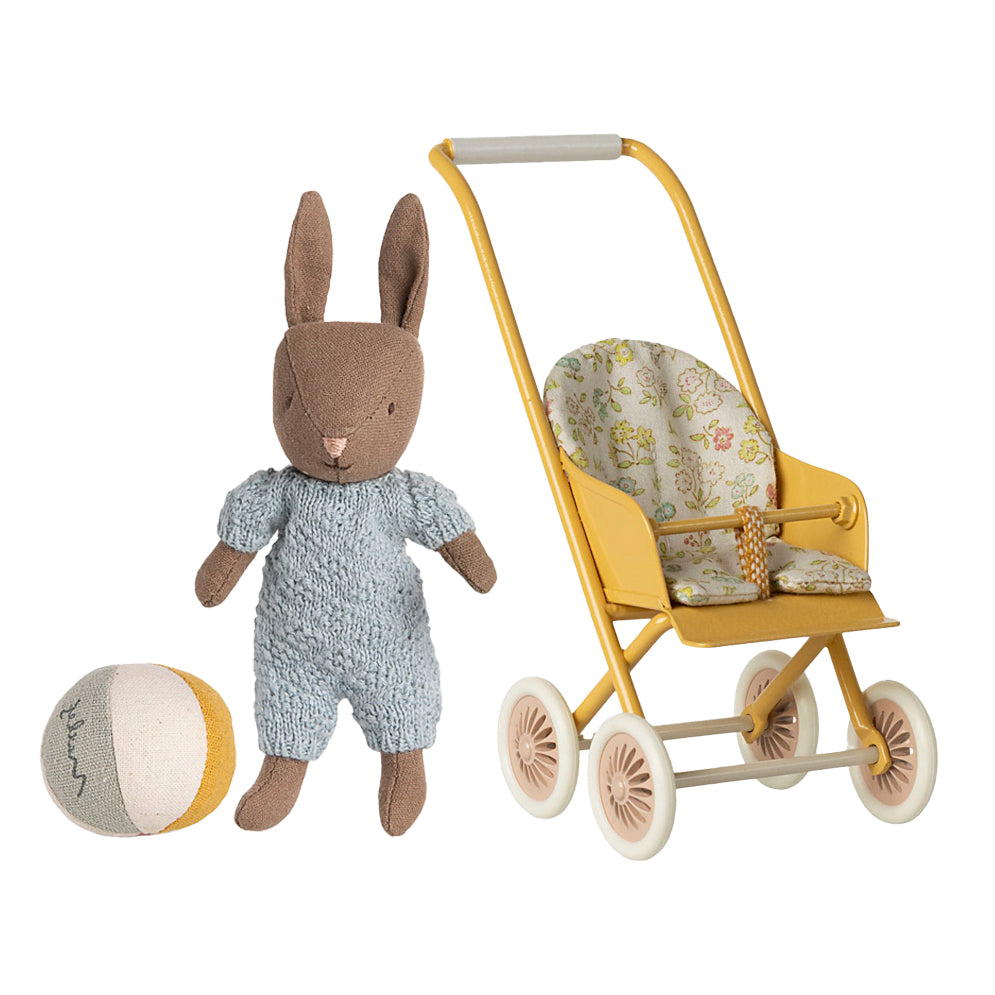 Maileg Micro Yellow Stroller / Pushchair  & Blue Rabbit Bundle