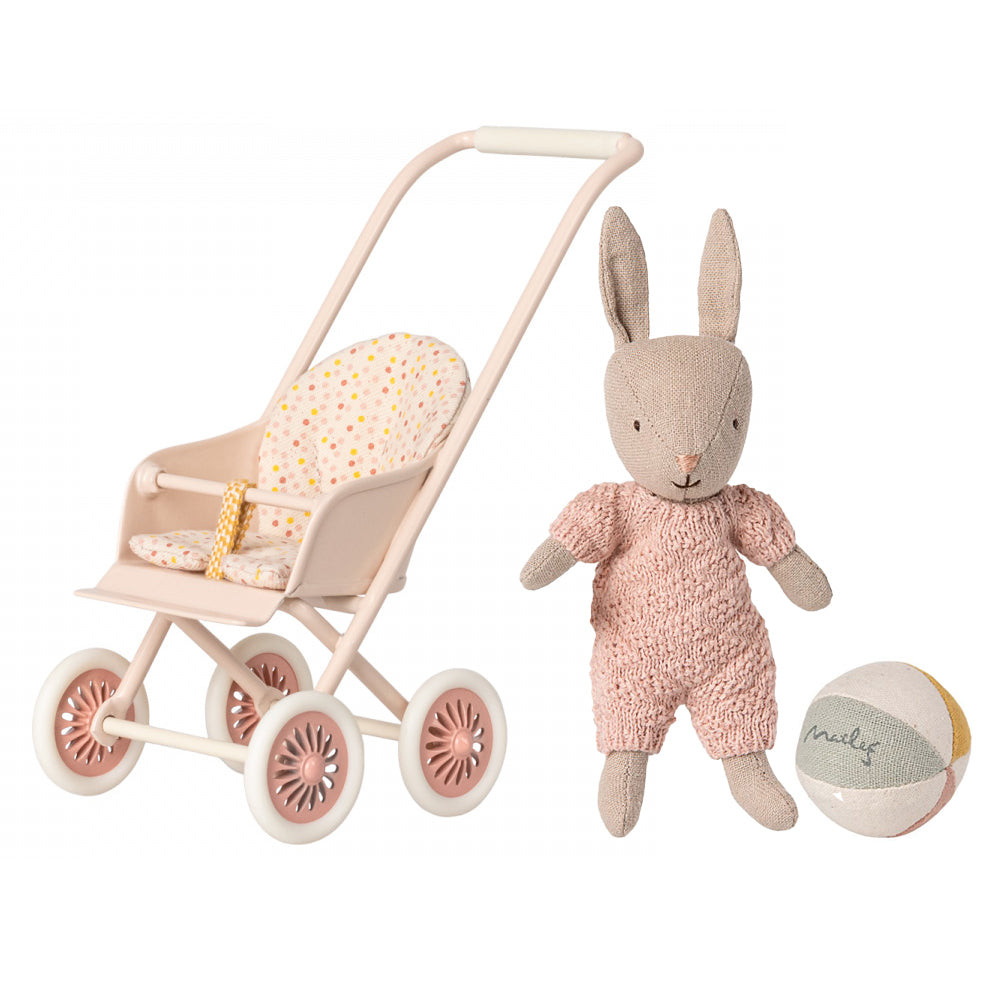 Maileg Micro Powder Stroller / Pushchair  & Pink Rabbit Bundle