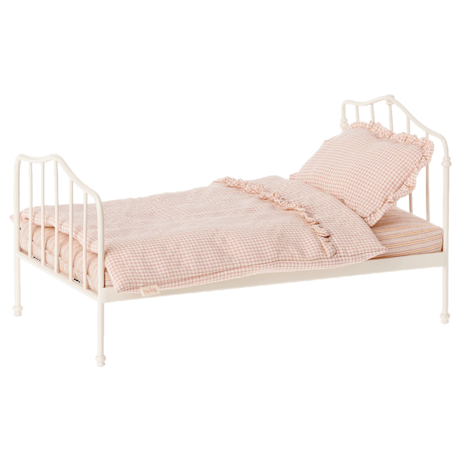 maileg white metal miniature bed with pink cheque bedding
