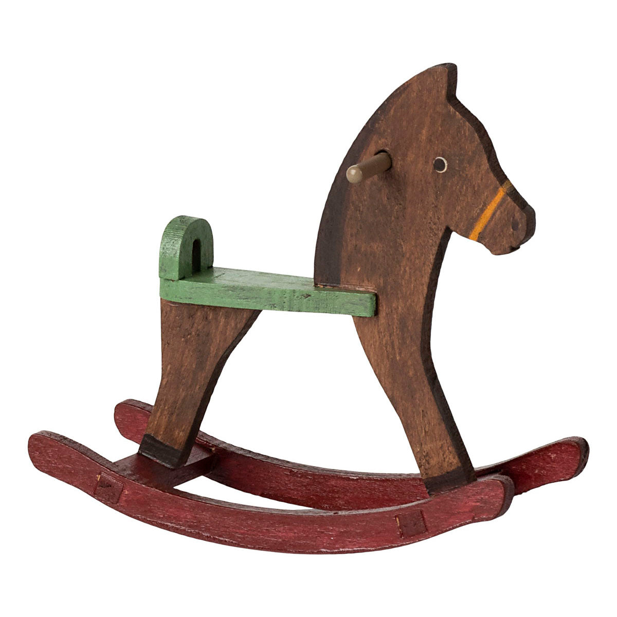 maileg wooden rocking horse with red rails and a green seat