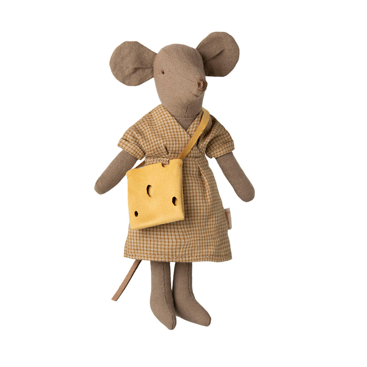 maileg mum mouse wearhing a yellow check dress with a yellow square shaped cheese bag across her body