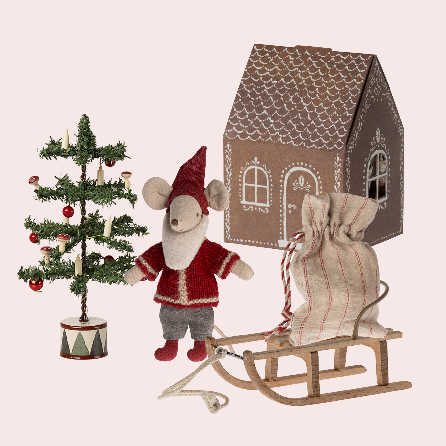 Maileg Santa Mouse, Christmas Tree and Sled Bundle
