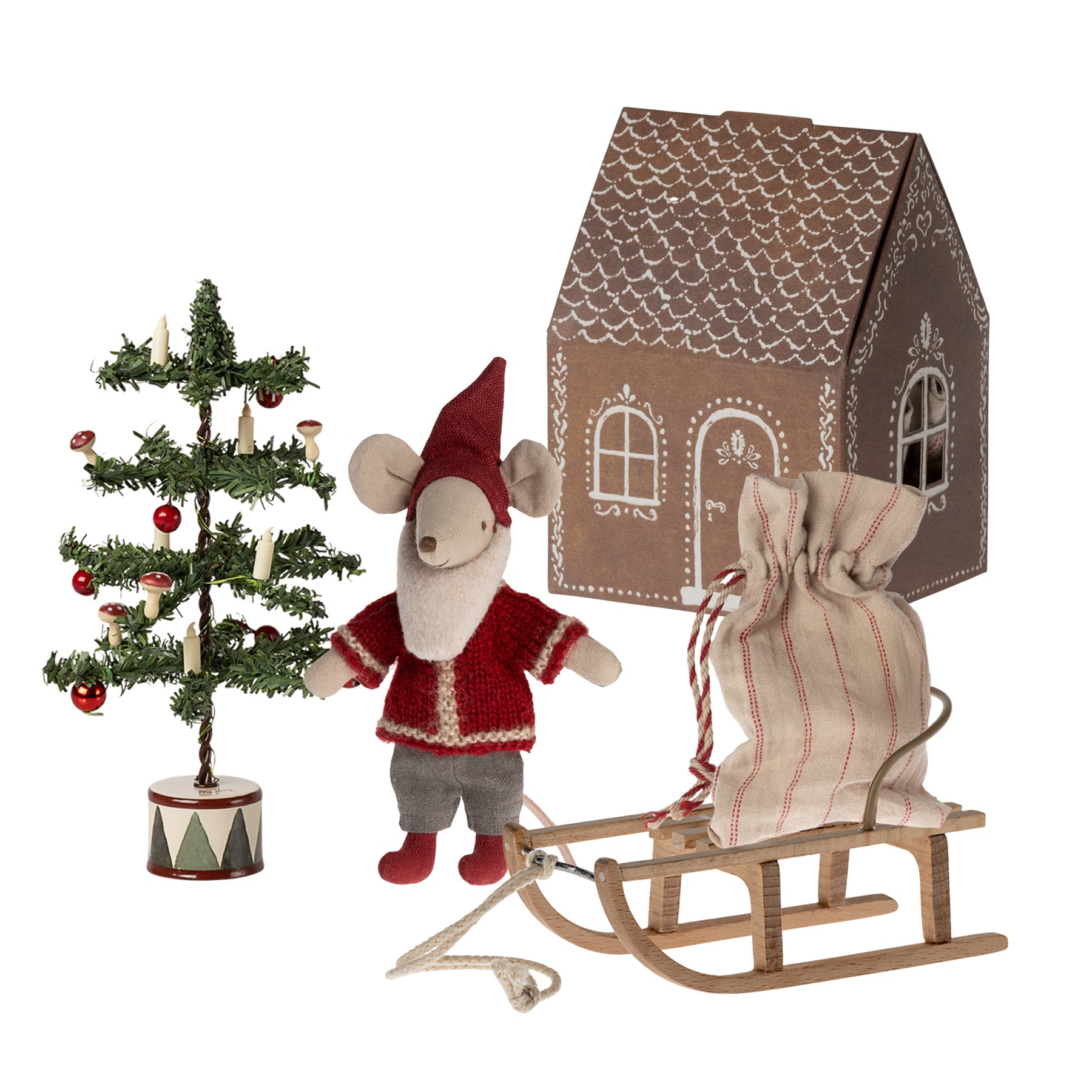 Maileg Santa Mouse, Christmas Tree and Sled Bundle