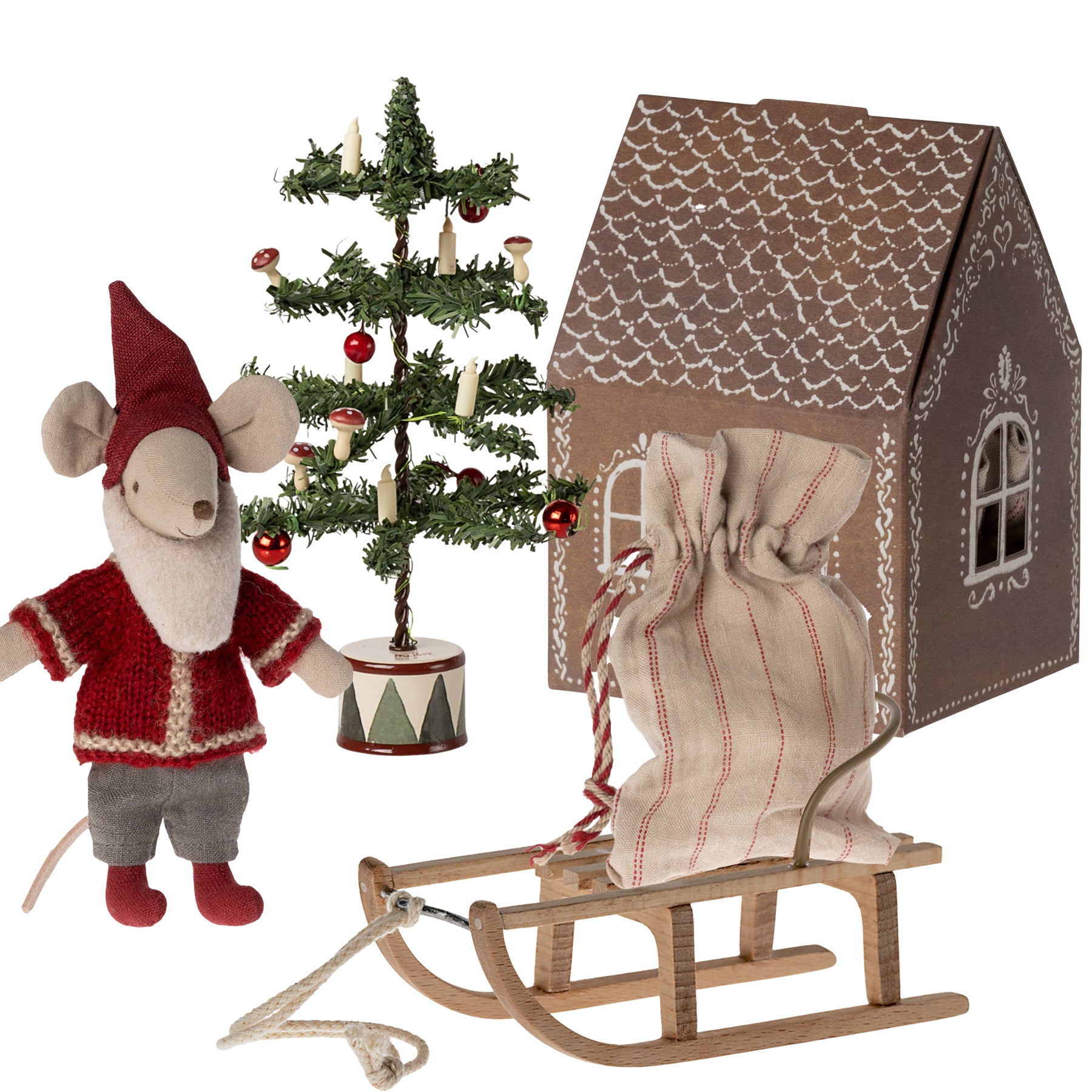 Maileg Santa Mouse, Christmas Tree and Sled Bundle
