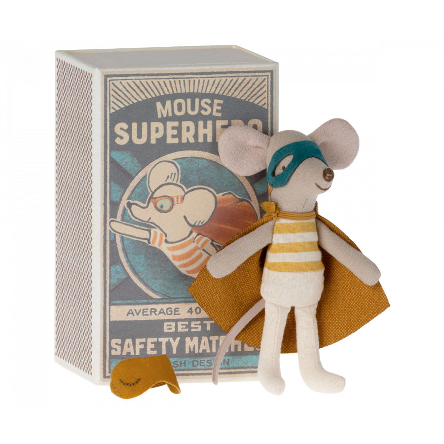 maileg super hero mouse wearing a yellow cape, blue eye mask standing with his matchbox 