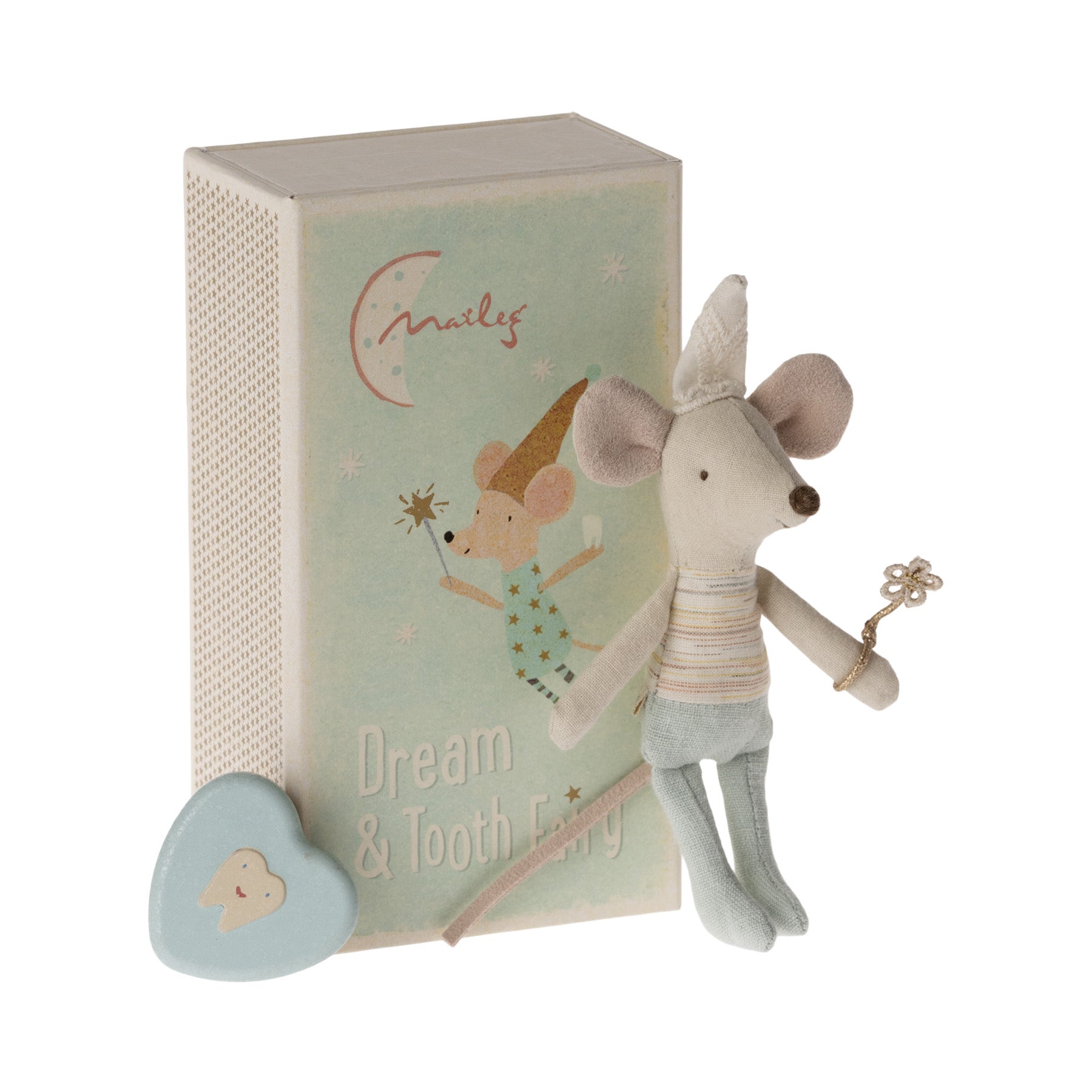 maileg little sister mouse is laying in her matchbox bed with a blue toothbox