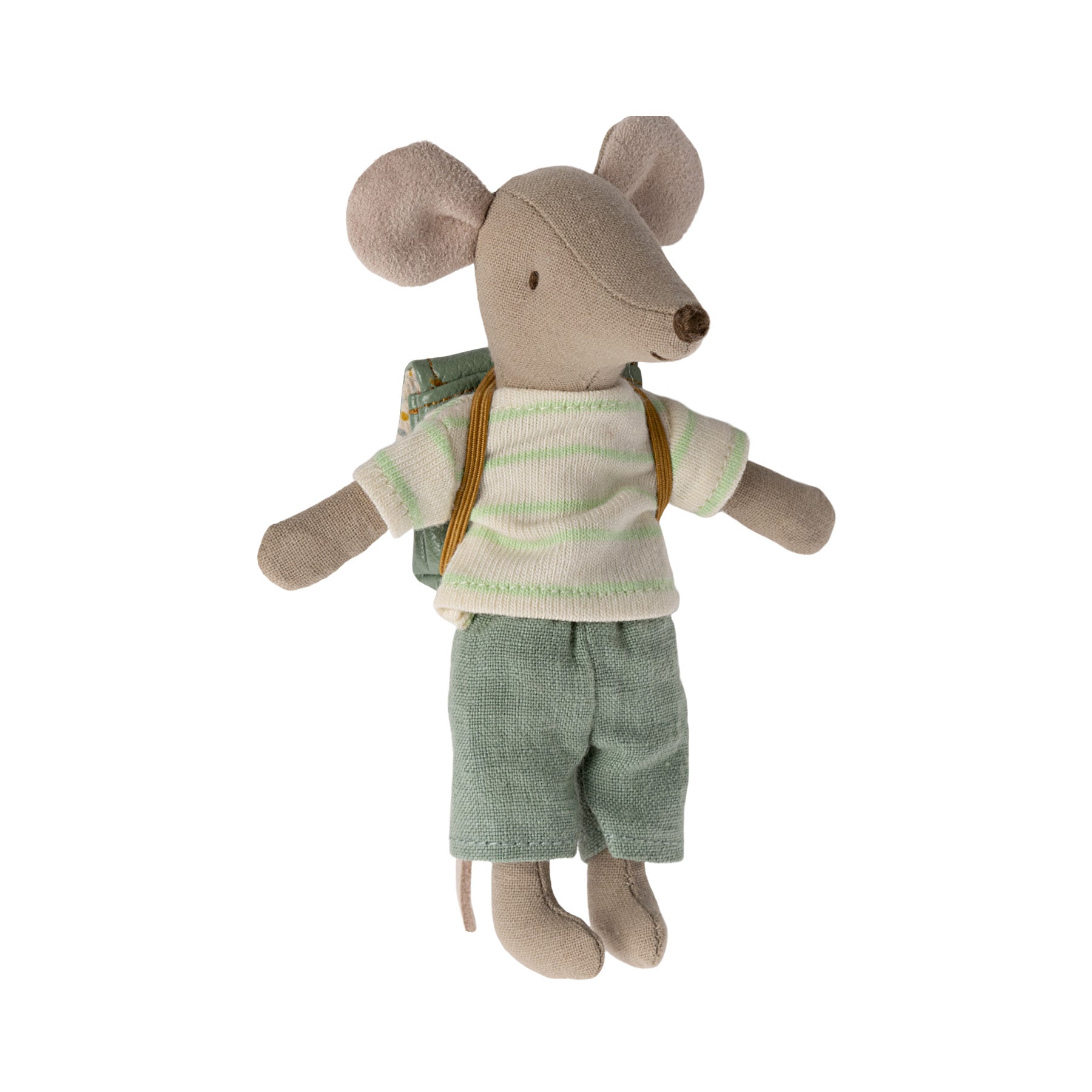 maileg boy mouse in stripe top, green shorts with a green rucksak on his back
