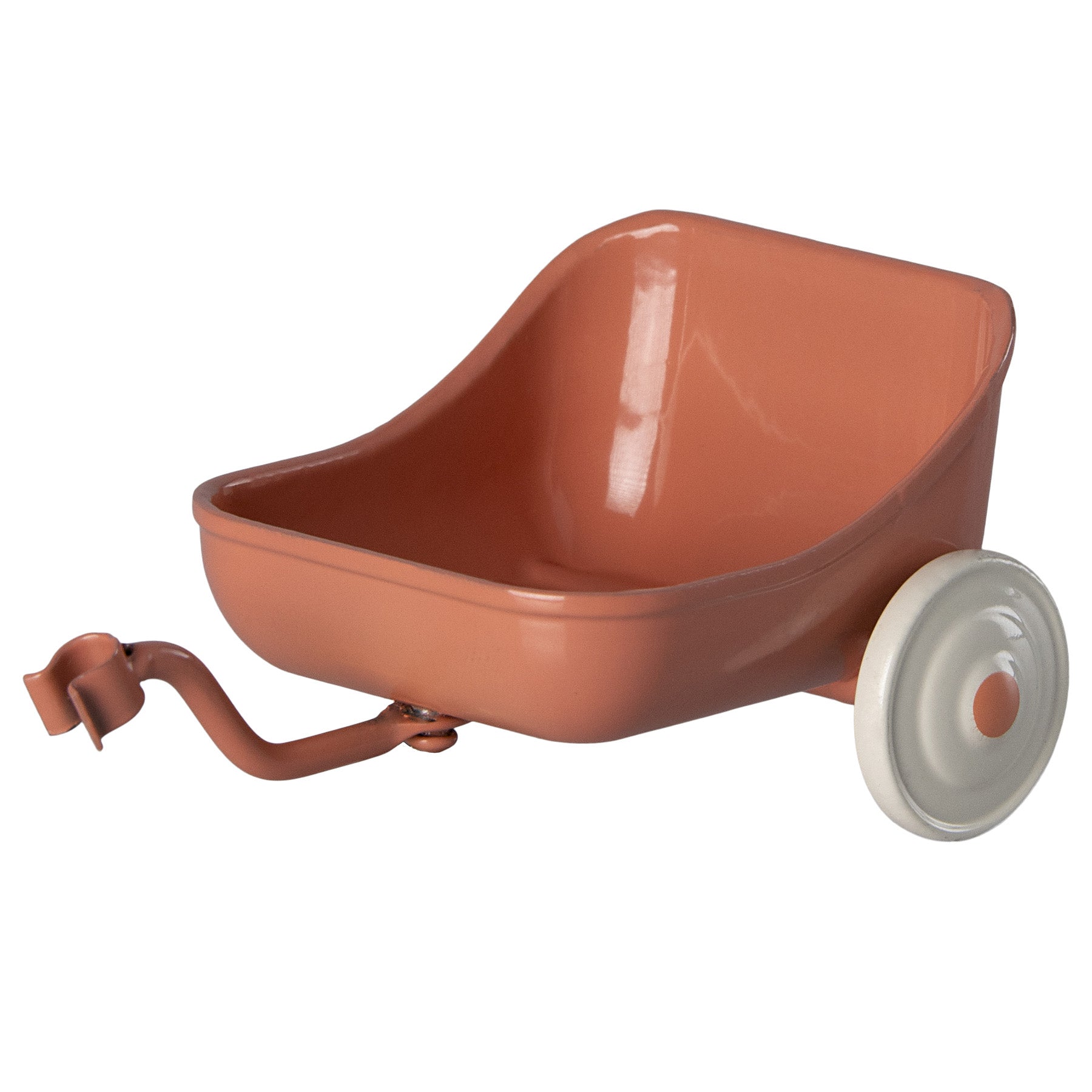 maileg coral tricycle trailer with white wheels. 