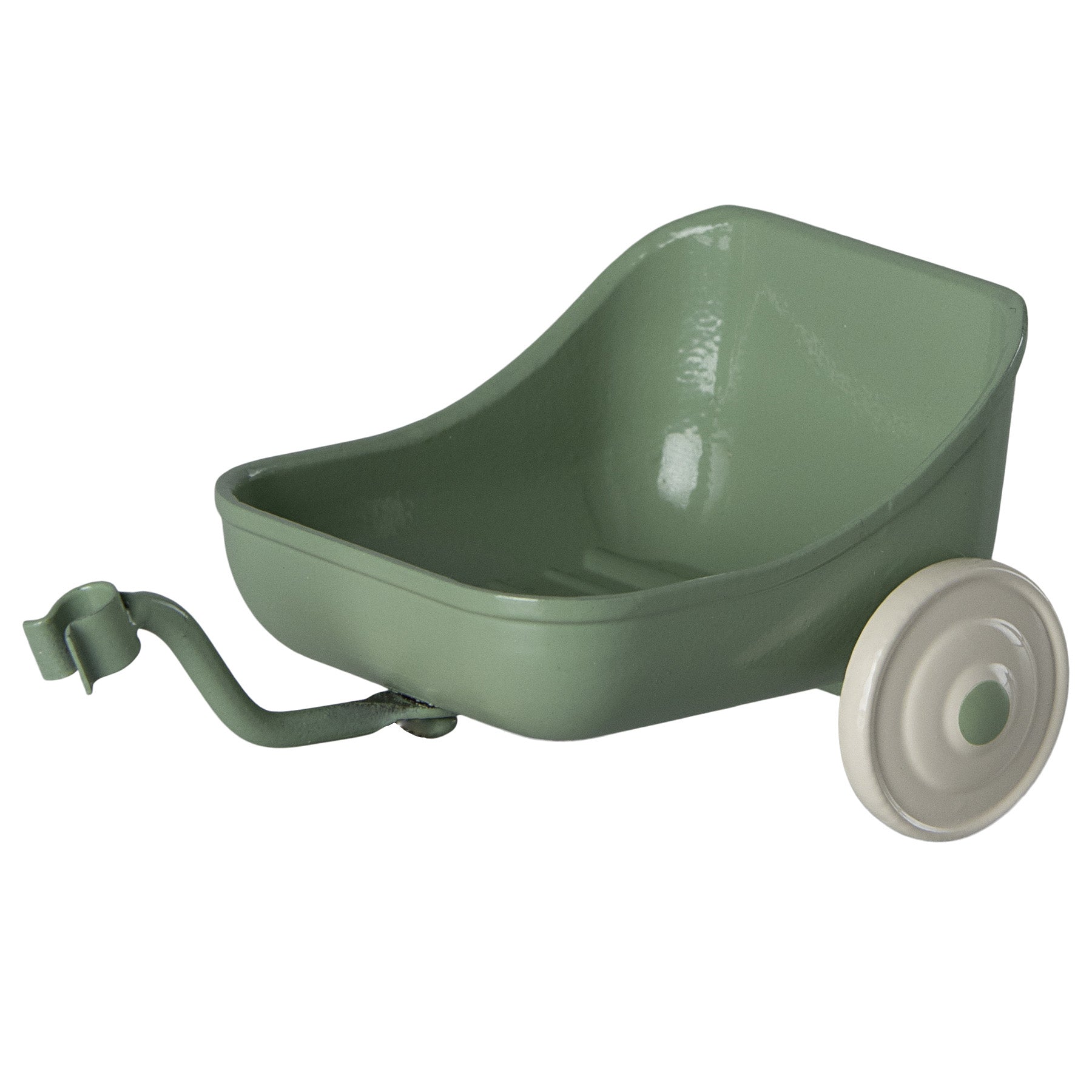 maileg green tricycle trailer with white wheels. 