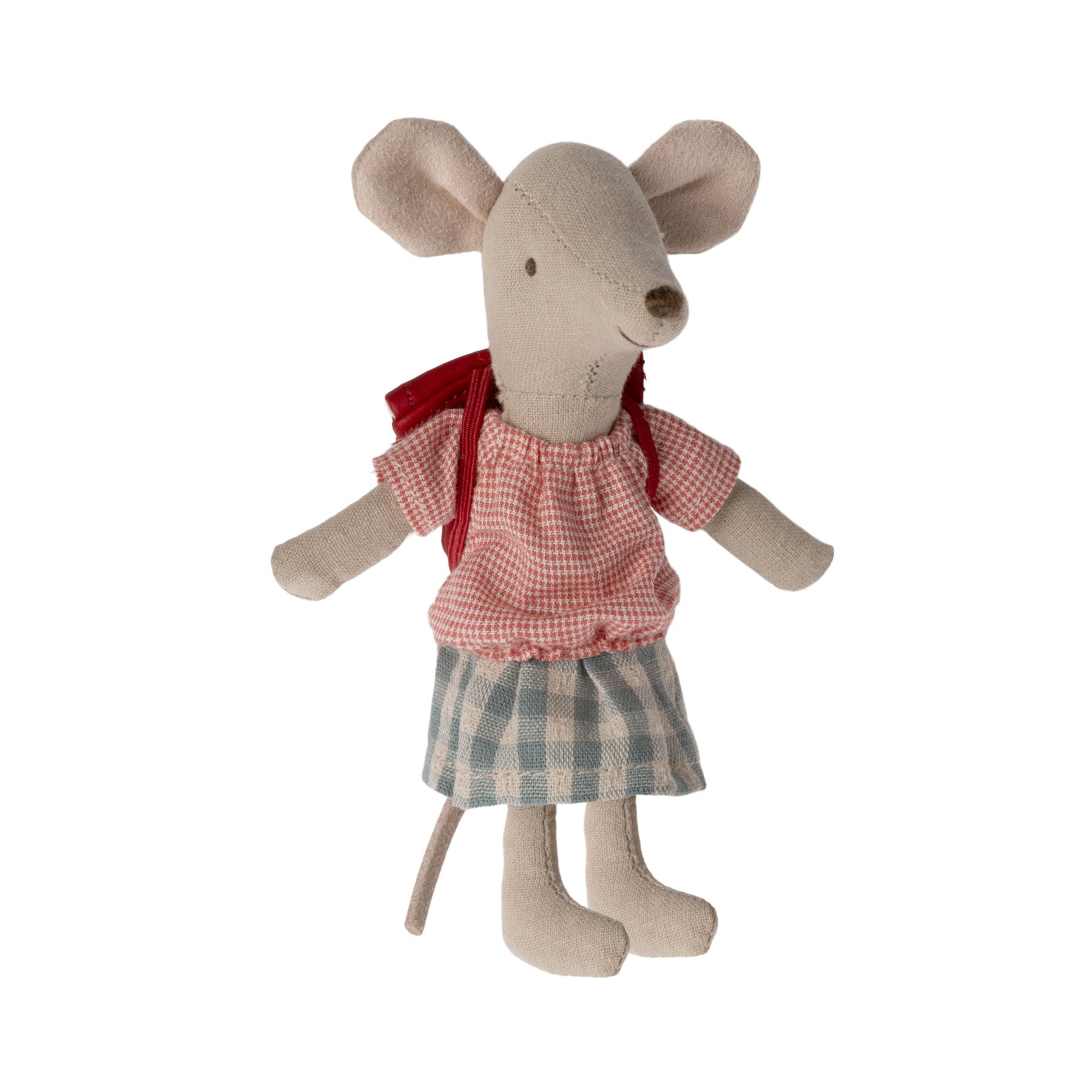 maileg girl mouse in red check top, blue check skirt with a red rucksack on her back