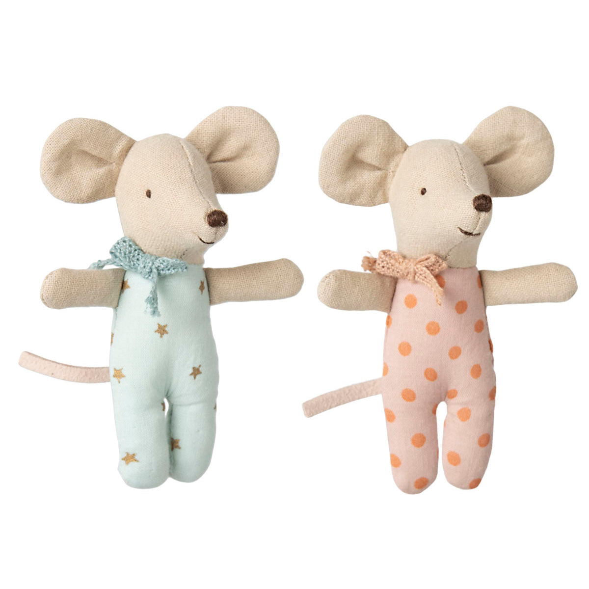 two baby mice one blue and one pink each with a bow around their neck