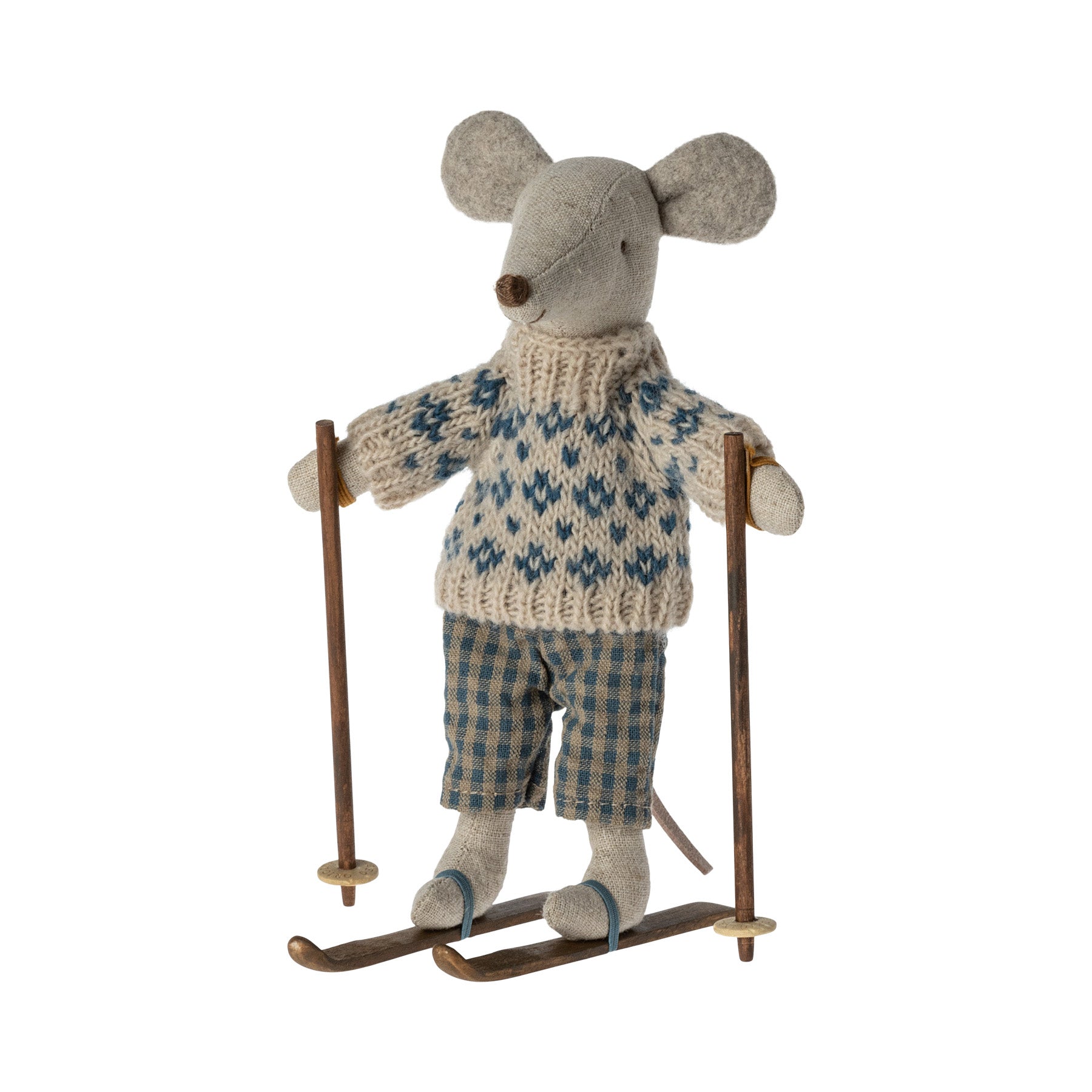 maileg winter ski dad mouse in a cream patterned jumper, blue check trousers, standing on wooden skis holding ski poles