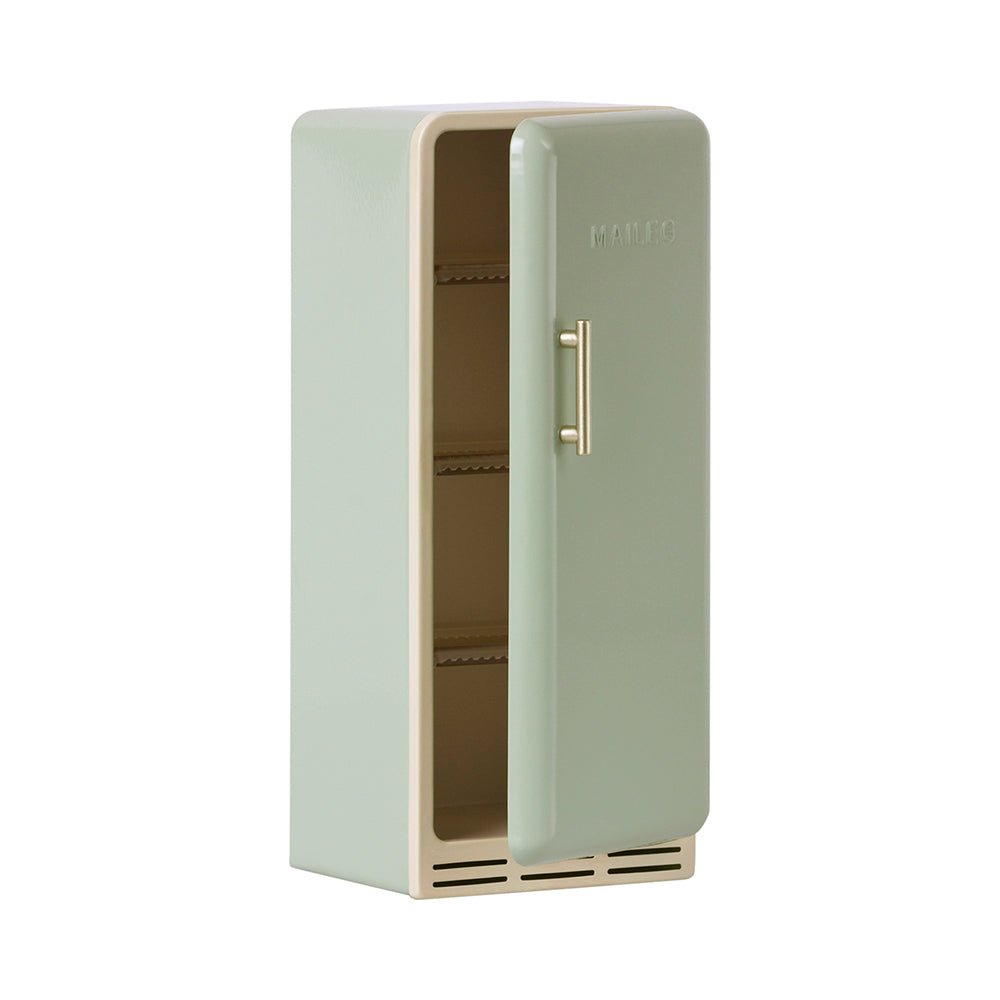 maileg mint coloured metal fridge with opening door and shelves inside