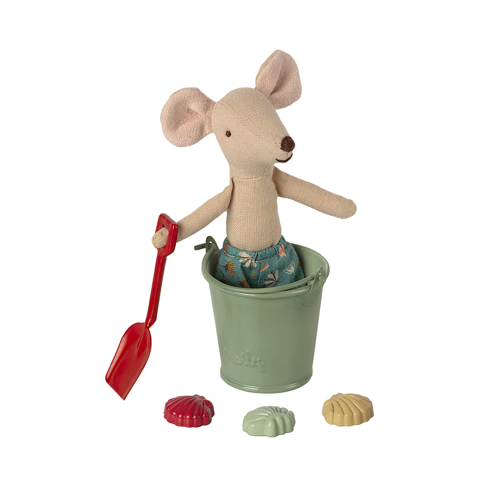maileg mouse sitting in a metal beach bucket