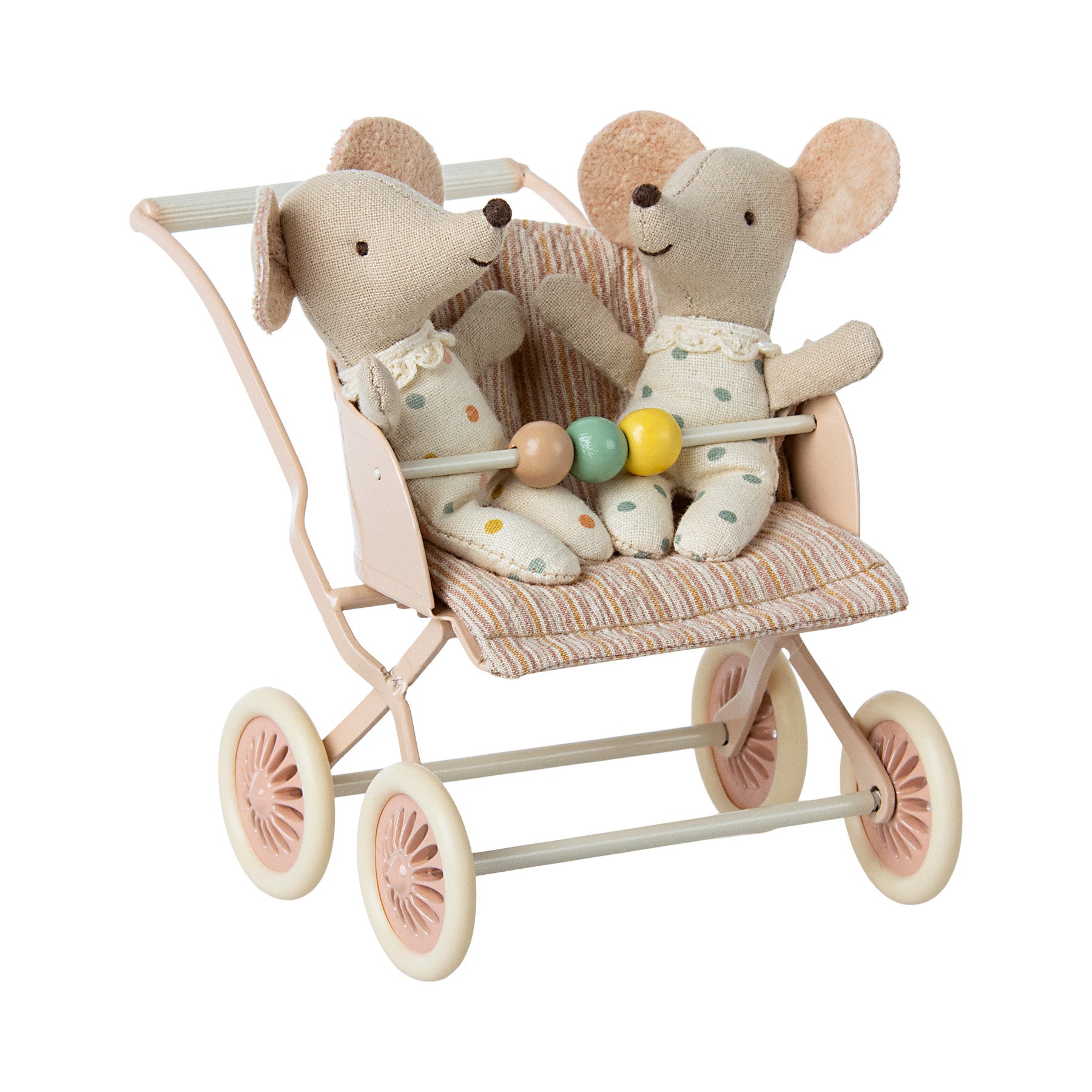 maileg pink stroller with 2 baby mice sitting in it from Maileg
