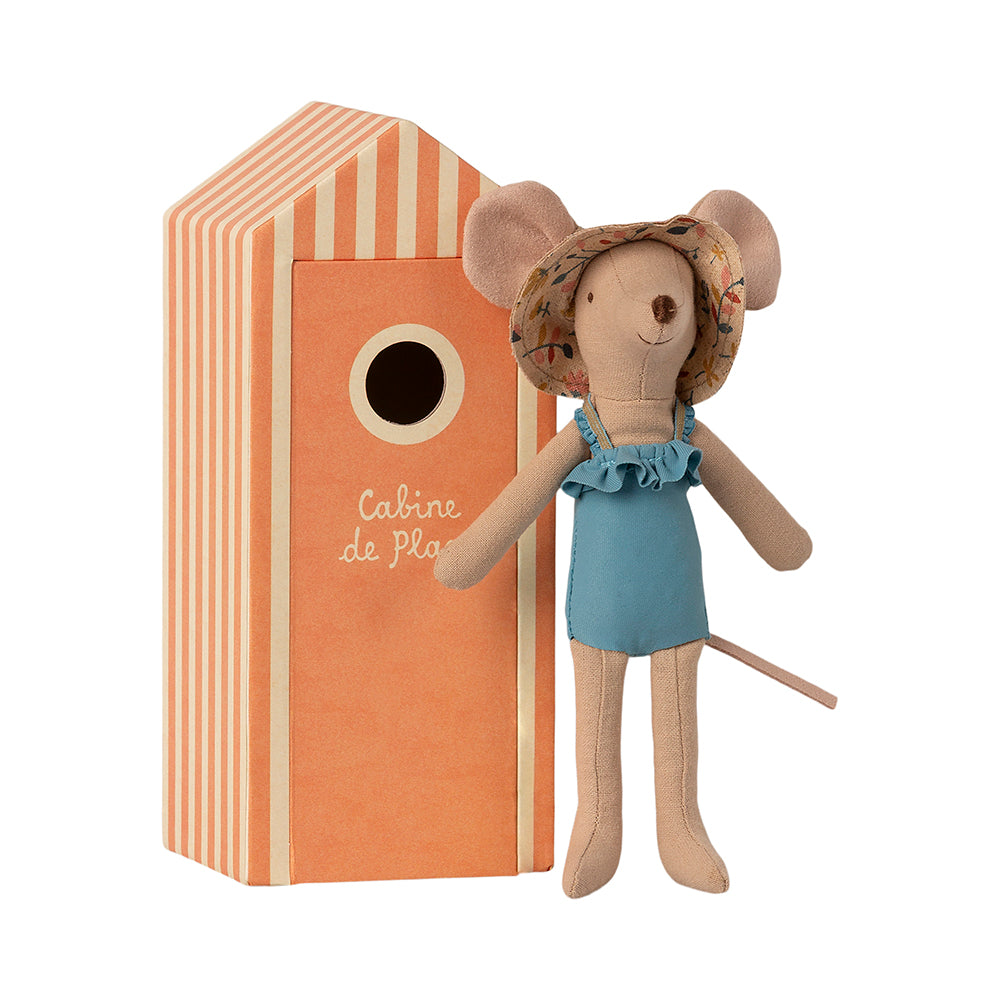 maileg mum mouse is wearing a blue swimsuit standing in front of her orange stripe beach hut box