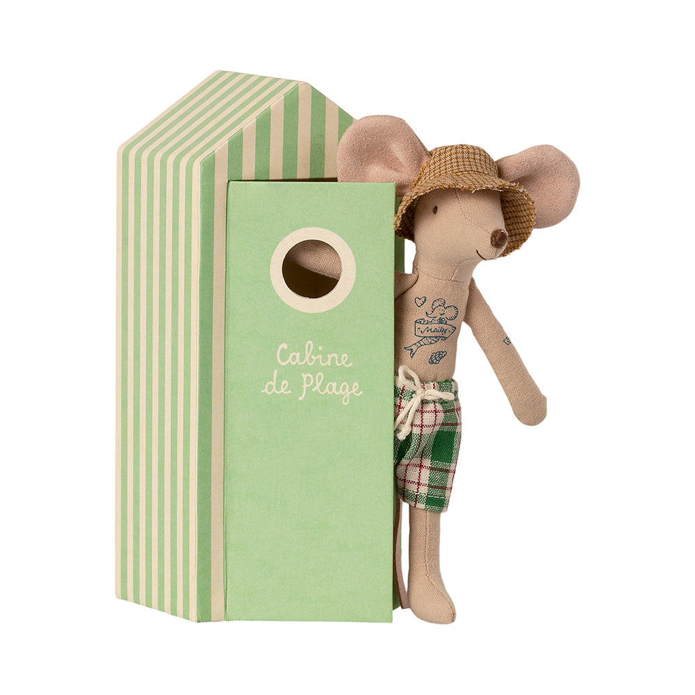 maileg dad mouse is wearing his green check shorts, standing next to his green stripe beach hut