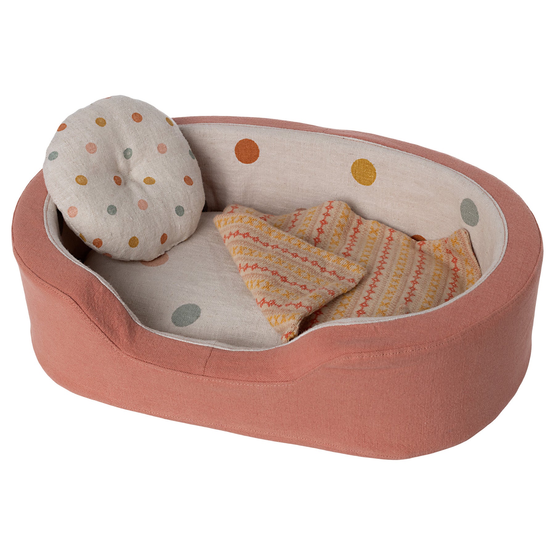 maileg little coral basket with a pillow and blanket
