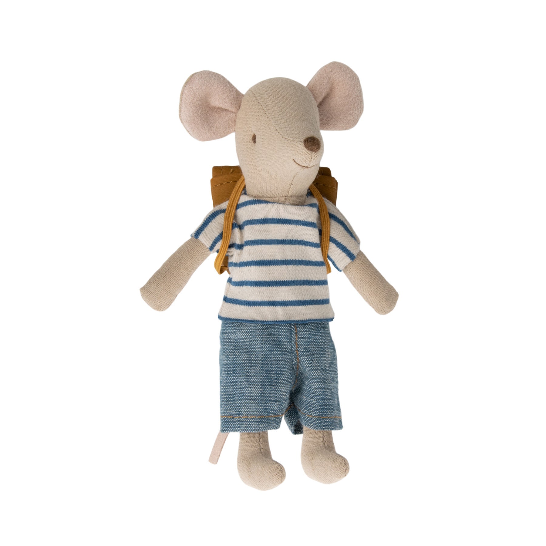 big brother tricycle mouse has a brown rucksack on his back and is dressed  in a blue and white stripe t-shirt and blue denim shorts