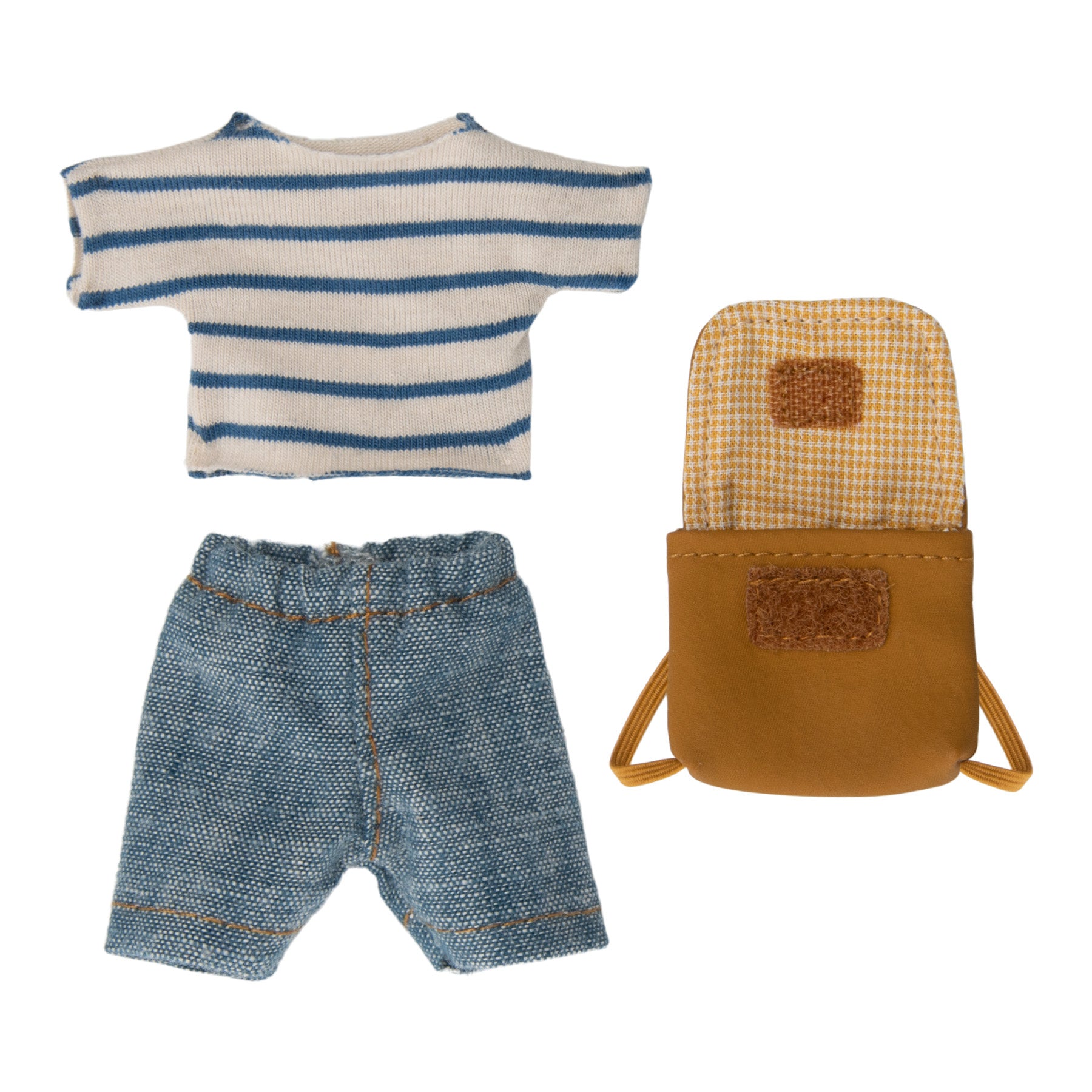 maileg mouse clothes - blue and white stripe t-shirt, blue denim shorts and a brown rucksack suitable for big brother mice