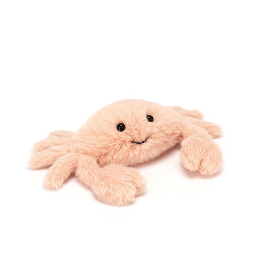 jellycat pale peach fluffy crab with a big smile and bead eyes