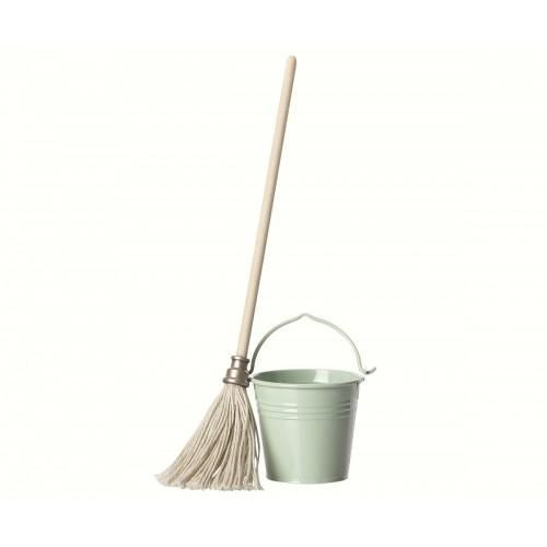 Maileg  string mop leaning next to a pale green metal bucket