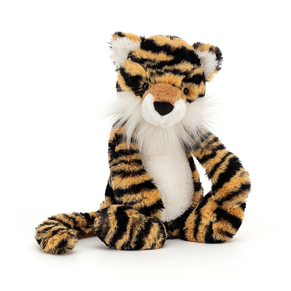 orange and black striped cuddly Jellycat tiger with a white front and long white whiskers 