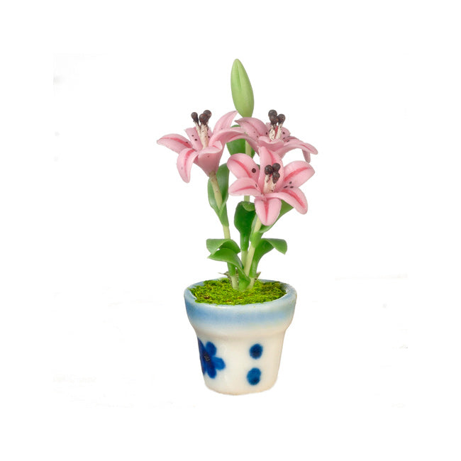 Miniature Pink Lillies in a Ceramic Pot
