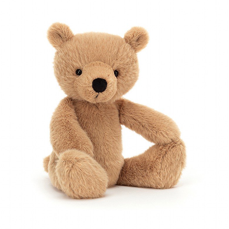 jellycat rufus bear has silky light brown fur and a classic face 