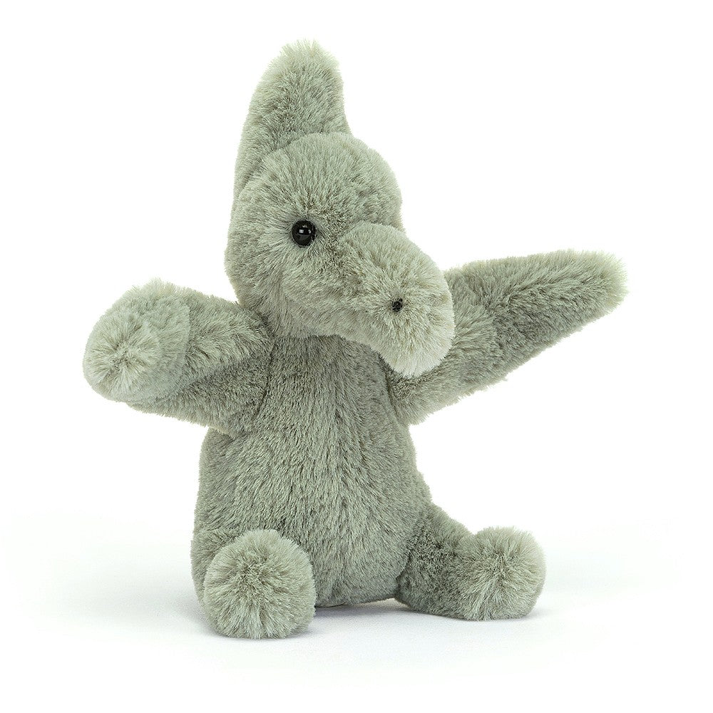 pale green fluffy fossilly pterodactyl soft toy with black beady eyesby jellycat