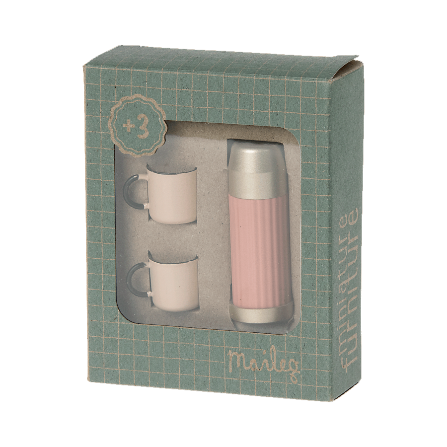 maileg miniature dolls house 1/2 scale coral thermos flask with 2 cups box packaging
