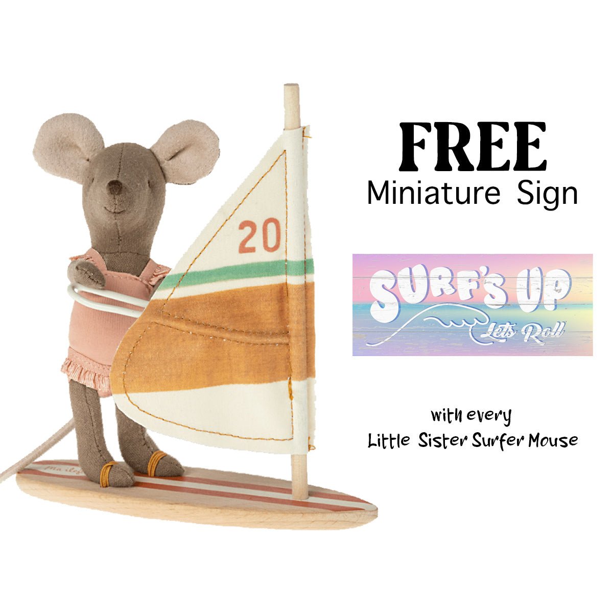 Maileg Beach Mice, Surfer Little Sister + Wooden Sign - I Want That Present