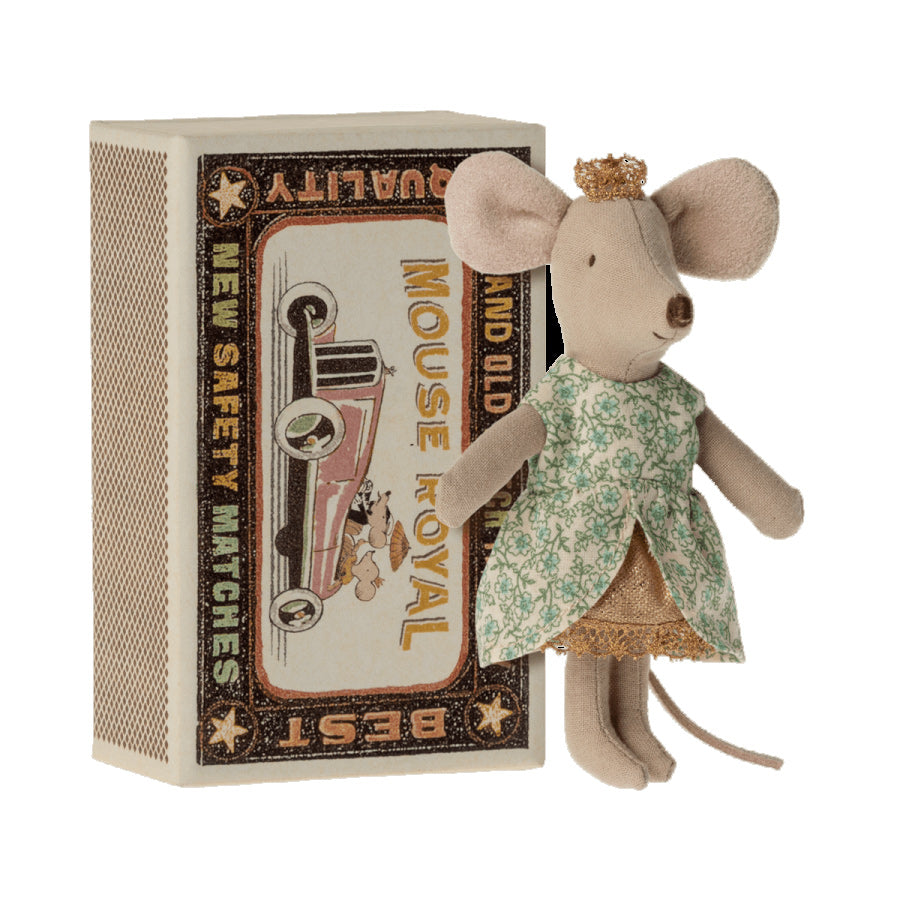 maileg little sister princess mouse in a green floral dress standing by her matchbox