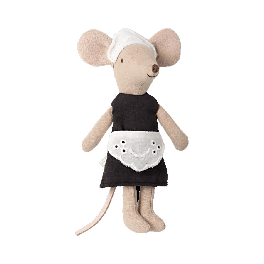 maileg big sister maid mouse dressing a black dress with white apron and head scarf