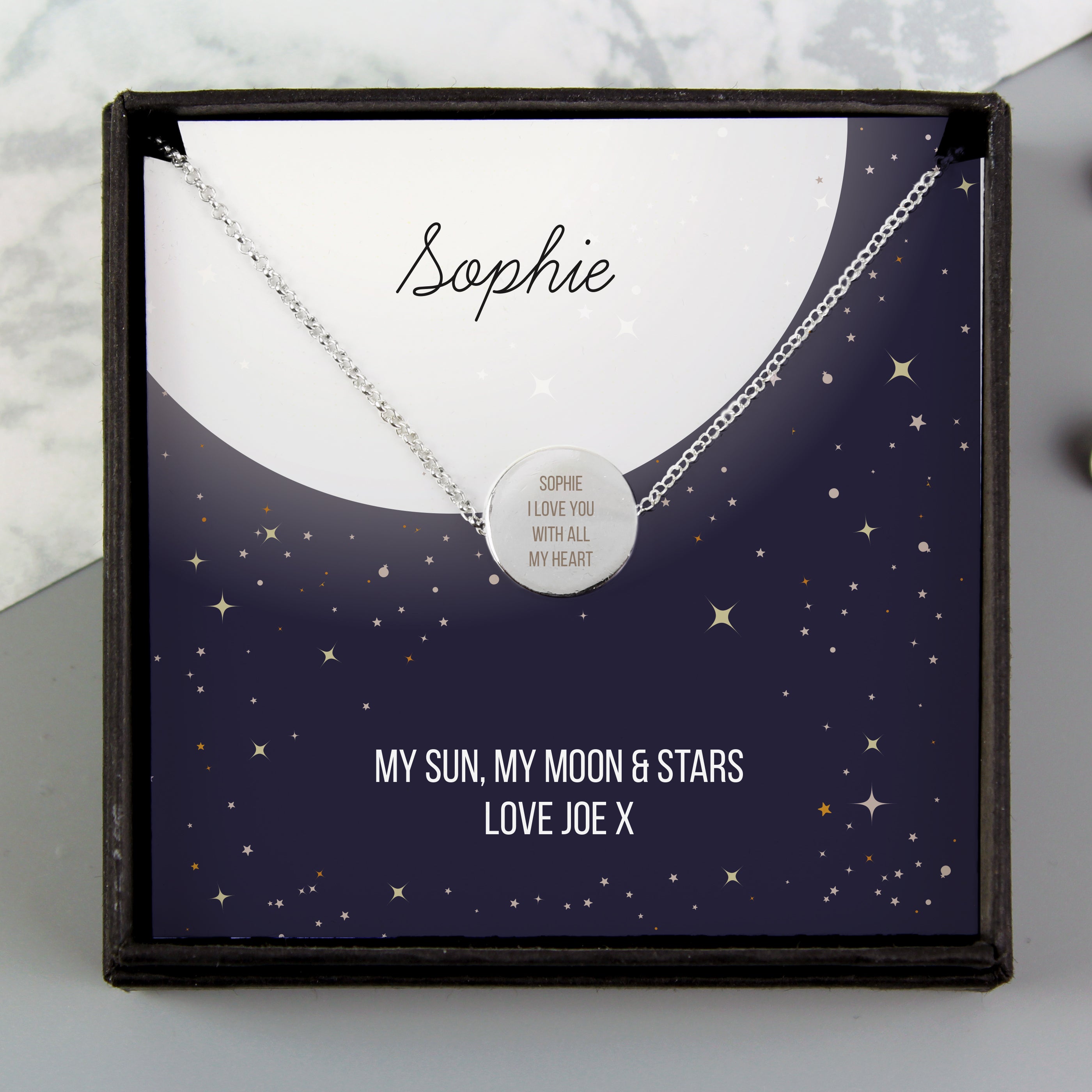 Personalised Sterling Silver Disc Necklace, Box & Sentiments Card