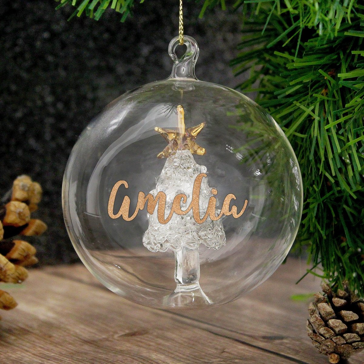 Personalised Gold Glitter Name Tree Glass Bauble - I Want That Present