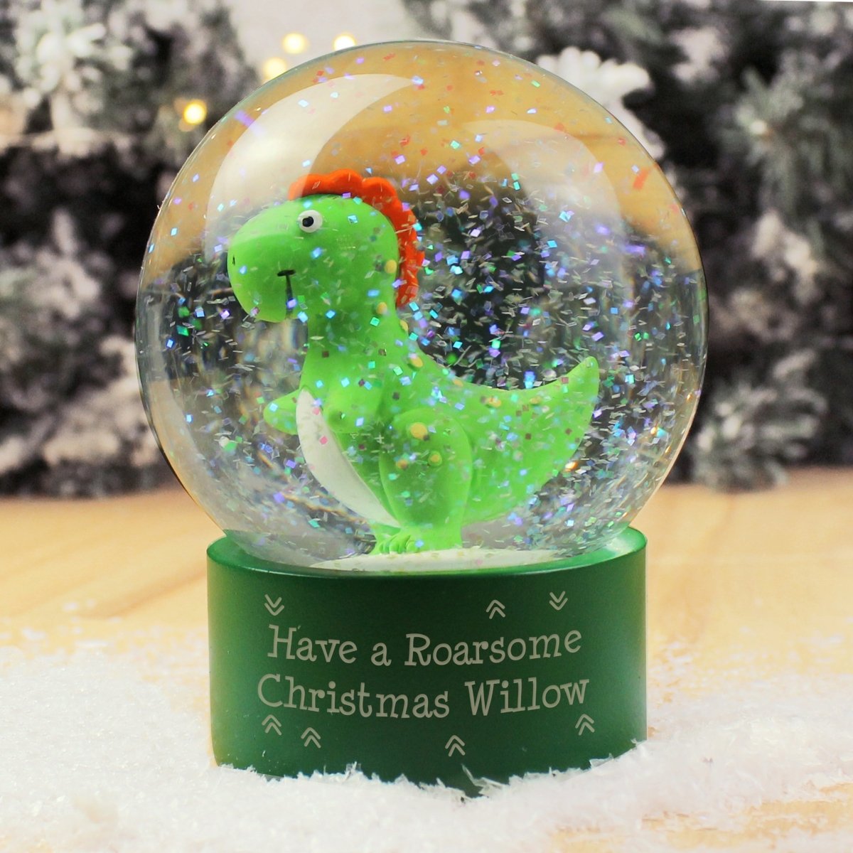 Personalised Message Dinosaur Glitter Snow Globe - I Want That Present