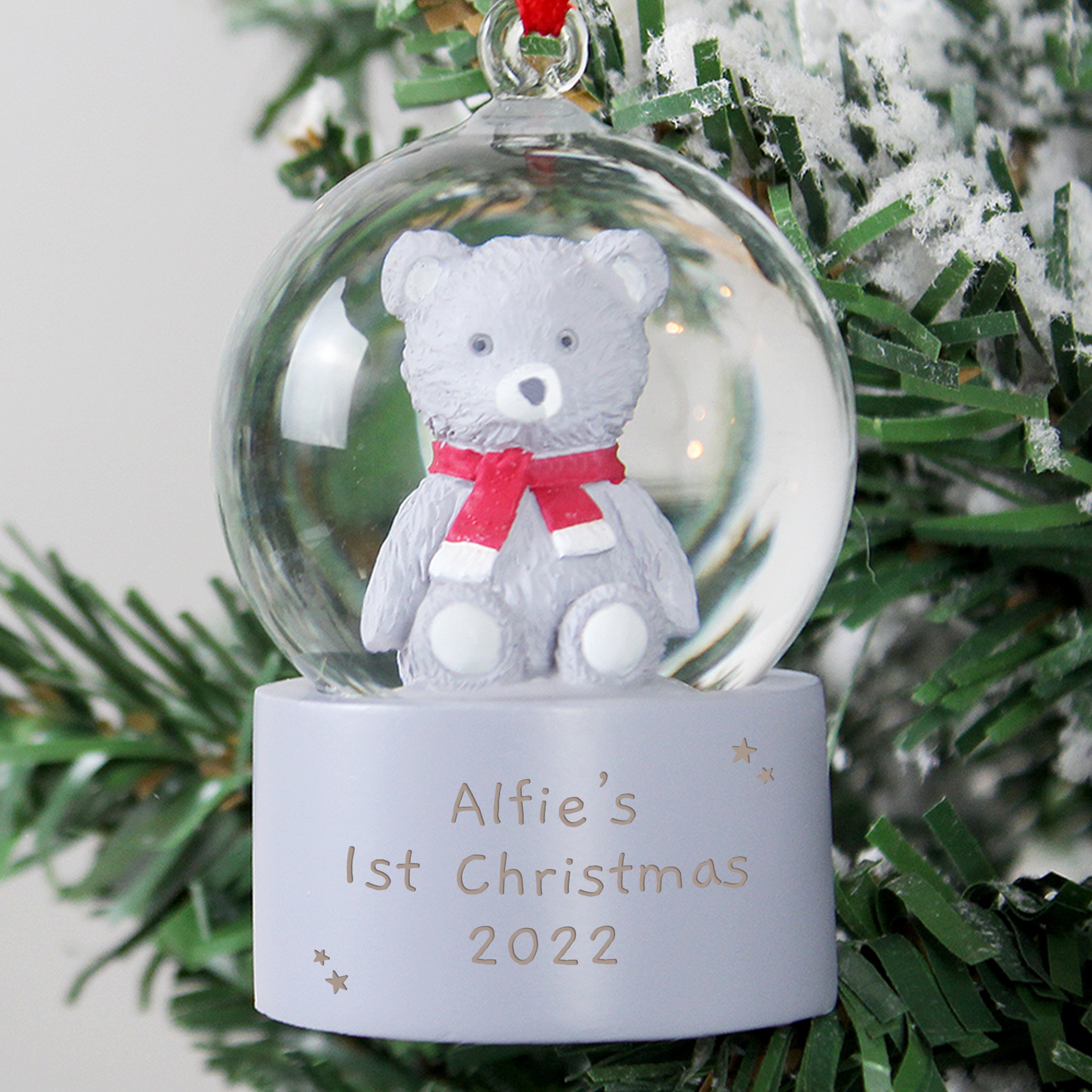 Personalised Message Teddy Bear Glitter Snow Globe Tree Decoration