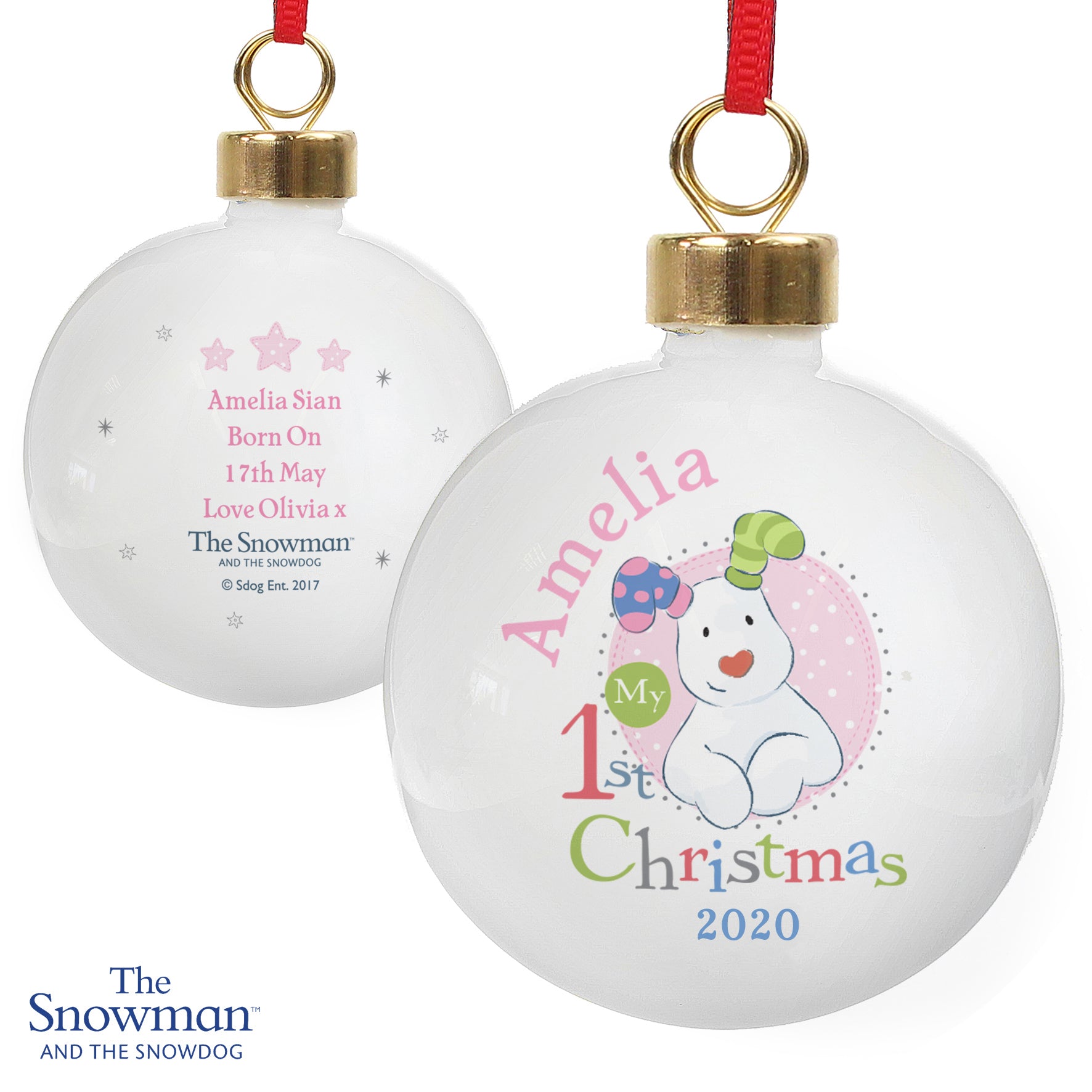 Personalised The Snowman and the Snowdog My 1st Christmas Pink Bauble