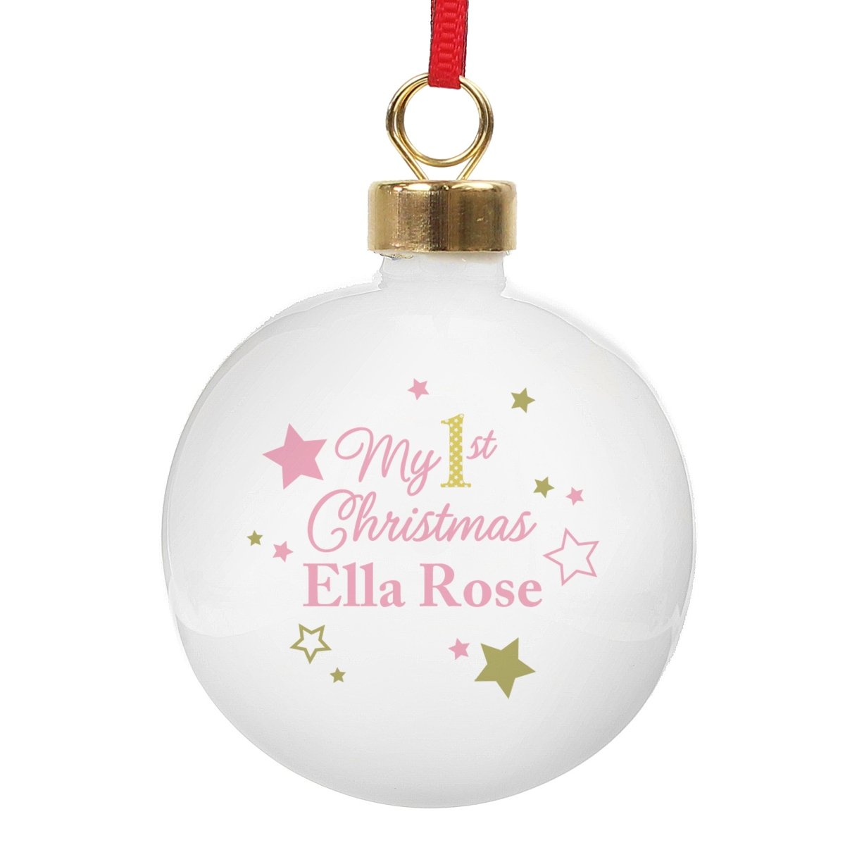 Personalised Gold & Pink Stars My 1st Christmas Bauble - I Want That Present