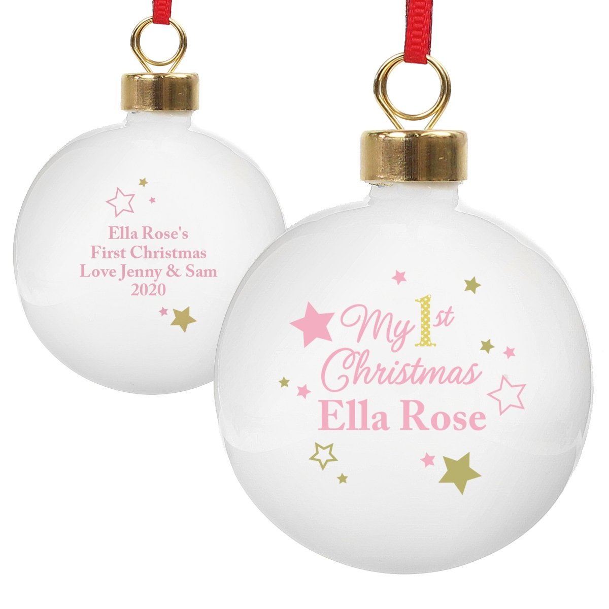 Personalised Gold & Pink Stars My 1st Christmas Bauble - I Want That Present