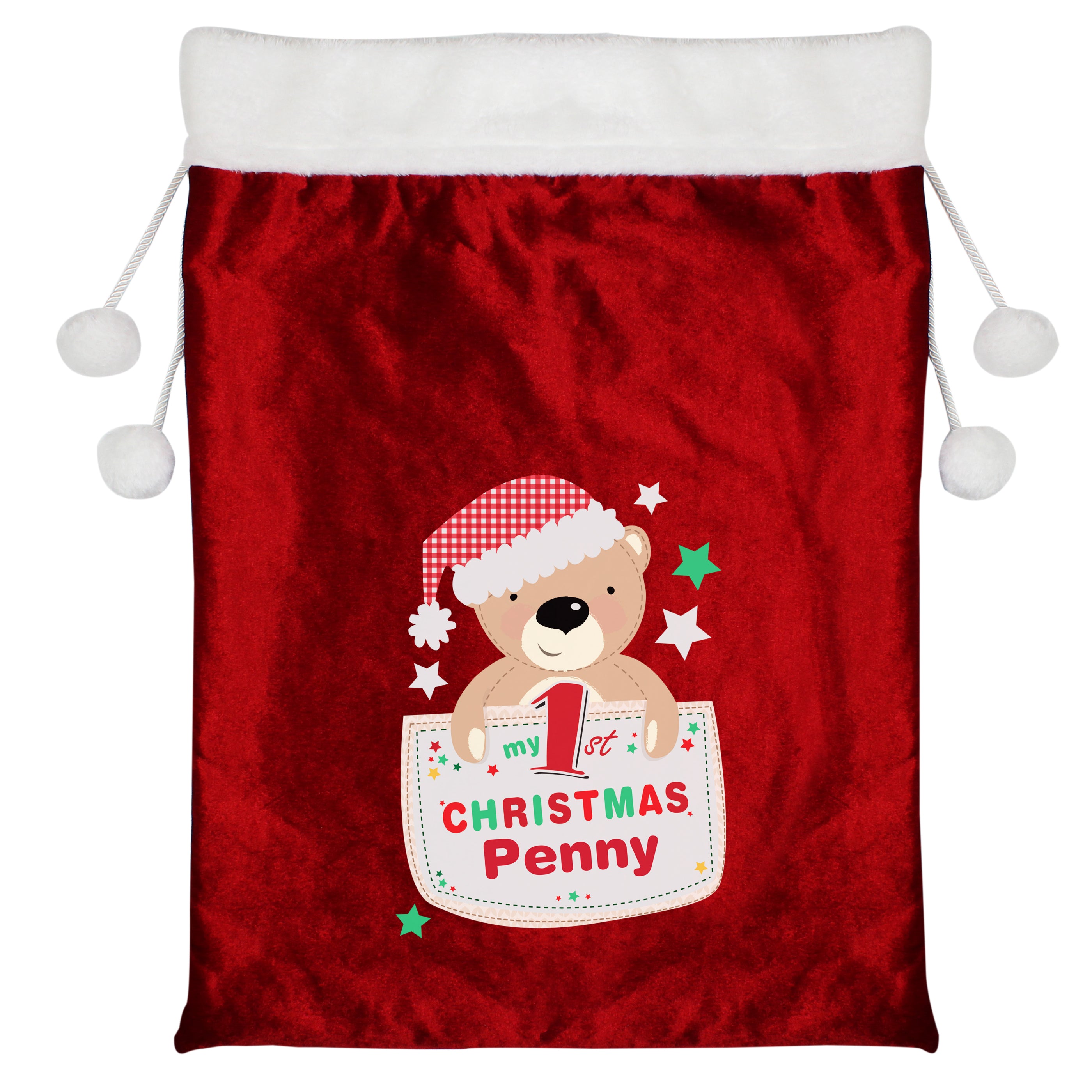 Personalised Teddy My 1st Christmas Luxury Pom Pom Red Sack