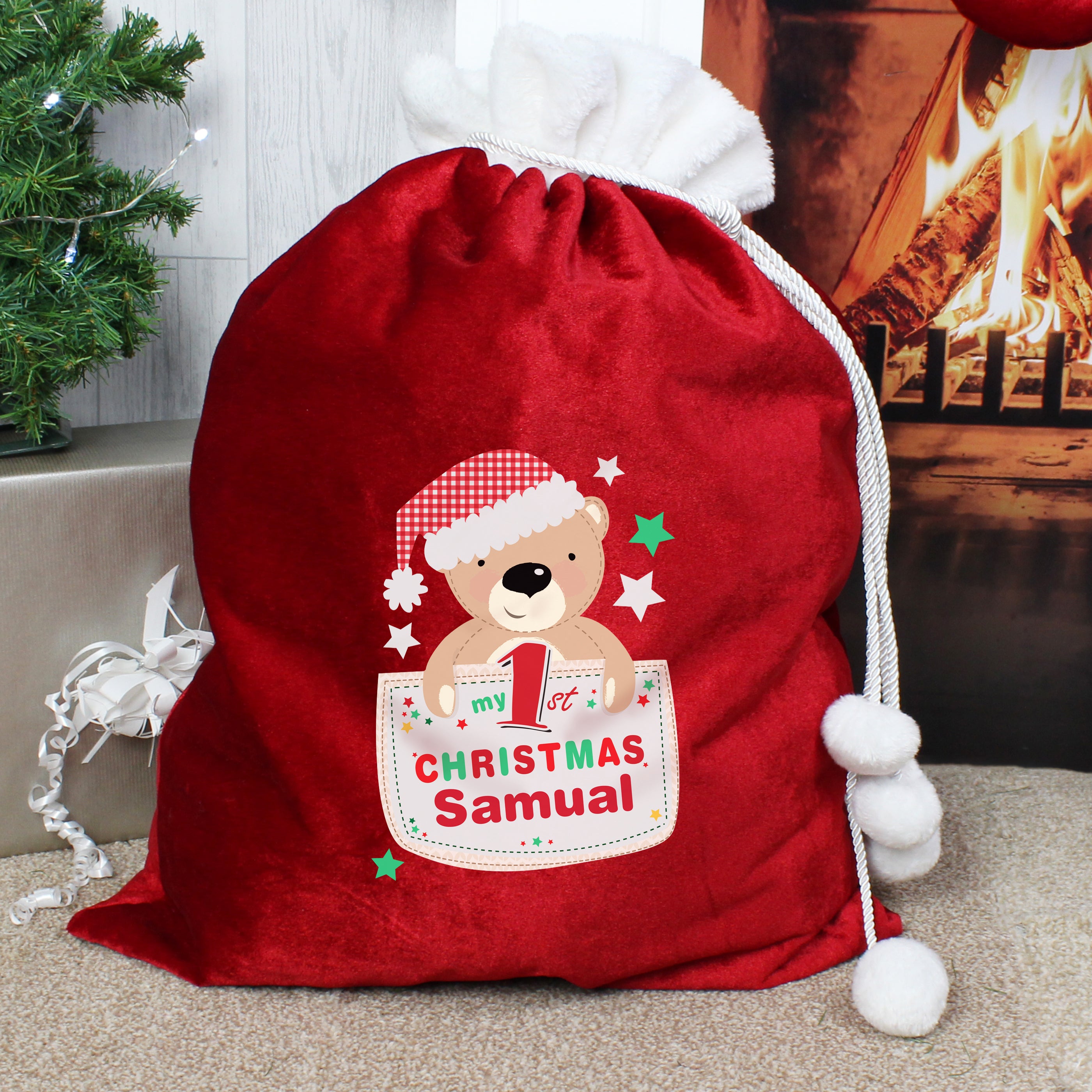 Personalised Teddy My 1st Christmas Luxury Pom Pom Red Sack