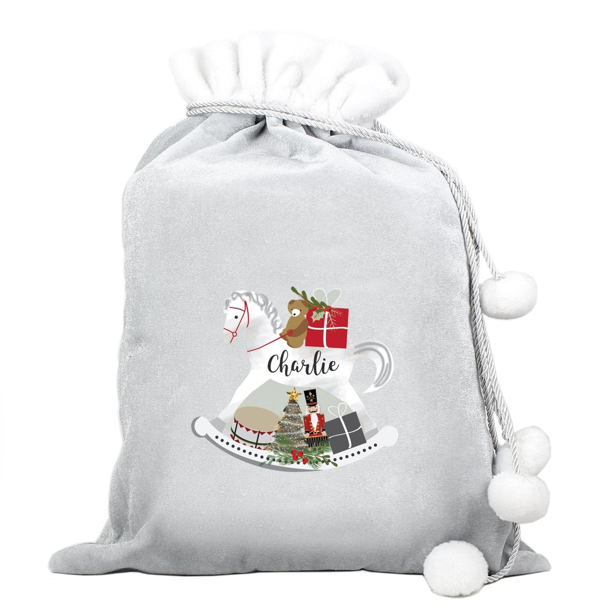 Personalised Rocking Horse Luxury Silver Grey Pom Pom Sack - I Want That Present