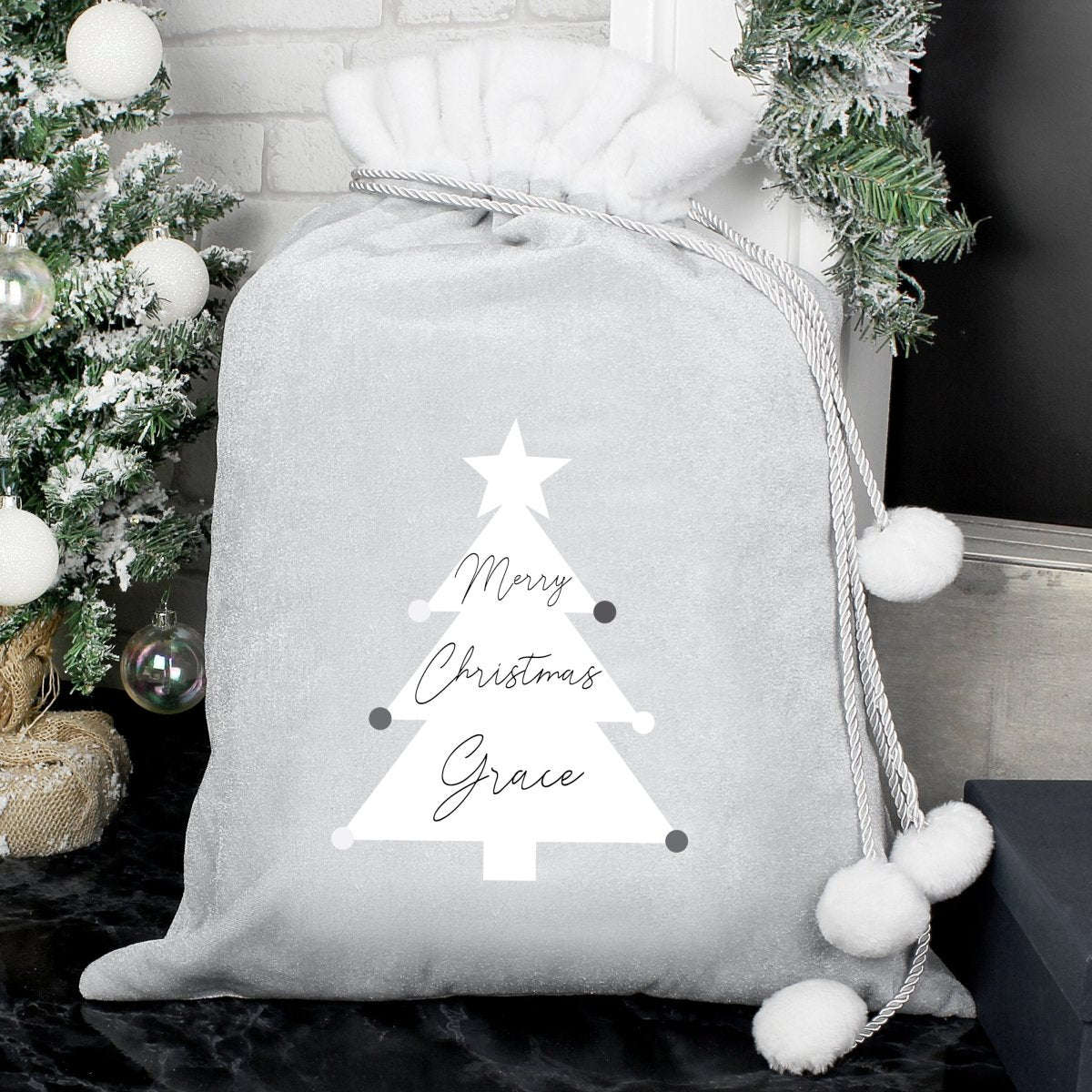 Personalised Christmas Tree Luxury Silver Grey Pom Pom Sack - I Want That Present