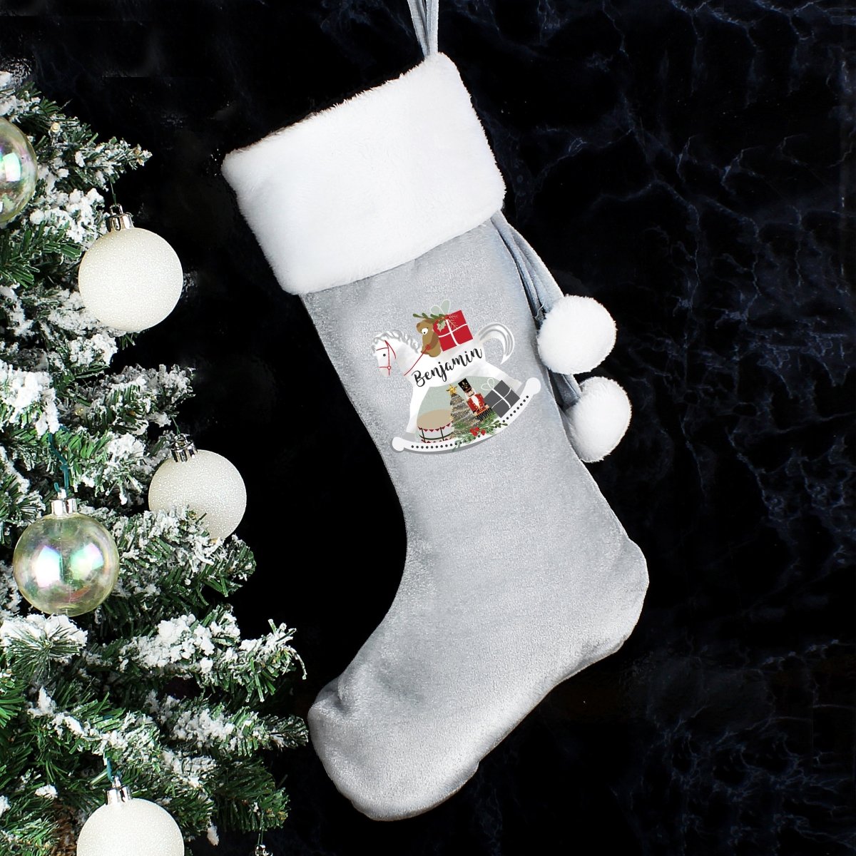 Personalised Rocking Horse Luxury Silver Grey Stocking - I Want That Present